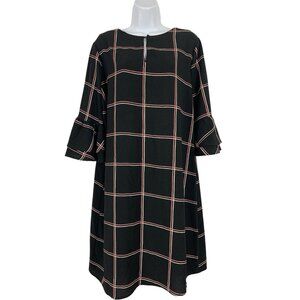 Ces Femme Womens Black & Pink Plaid Bell Sleeve Relaxed Fit Shift Dress Large